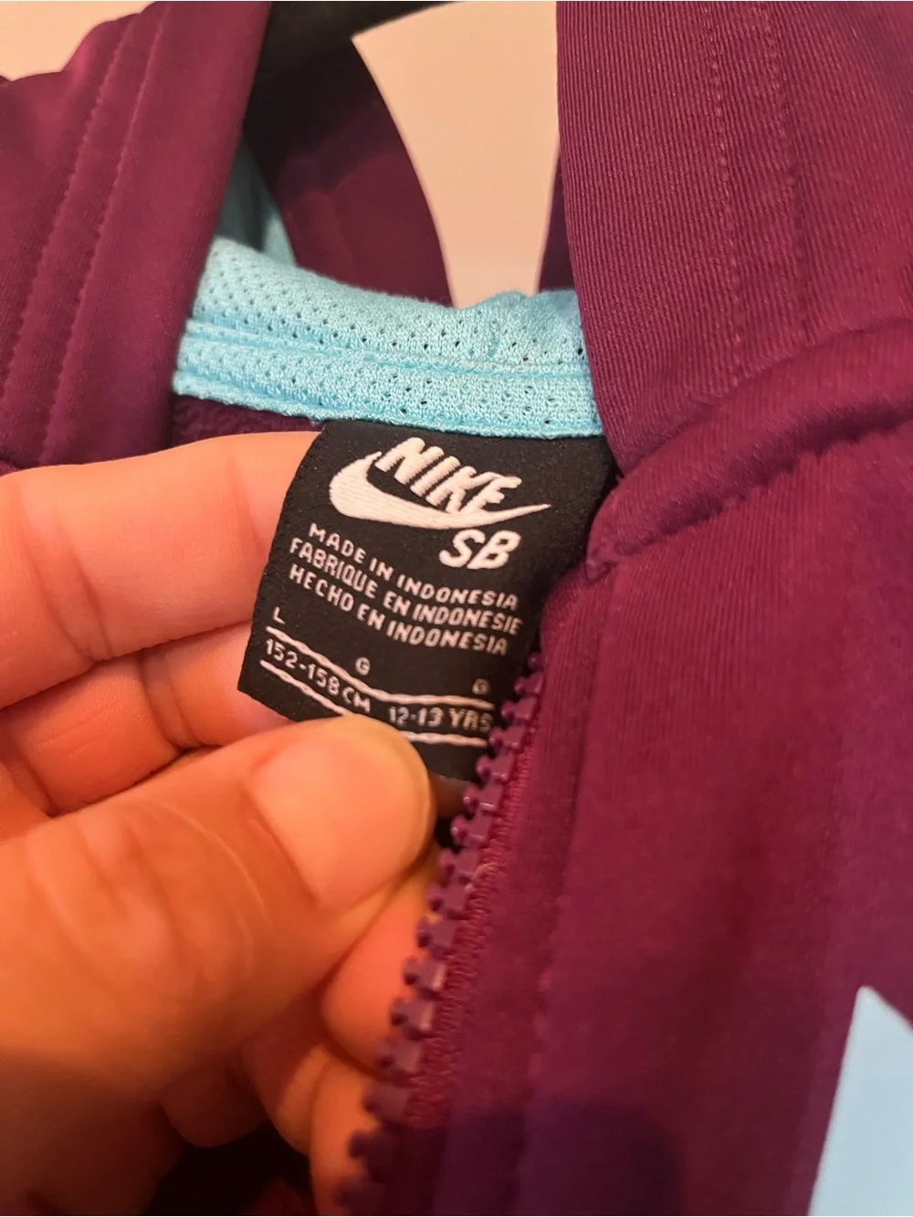 Nike Kids Burgundy Full-Zip Hooded Jacket with Light Blue Logo size large